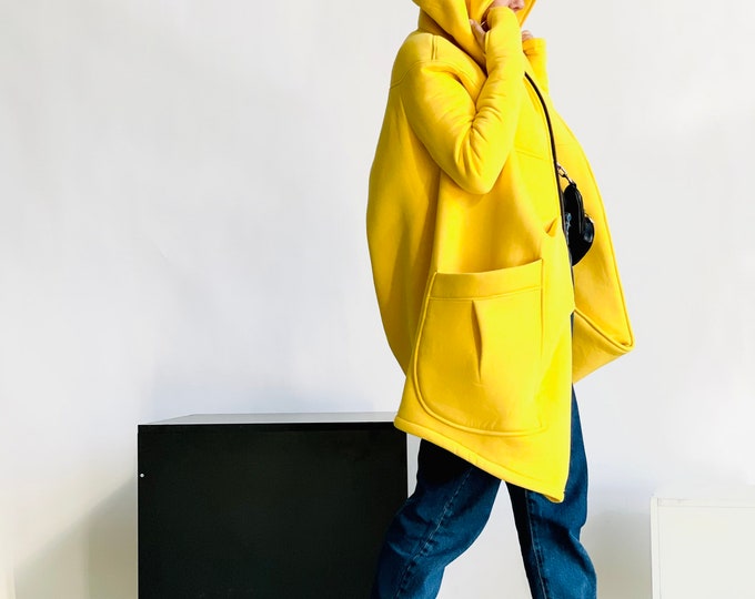 NEW Lined Warm Asymmetric Extravagant Yellow Hooded Coat / Quilted Lined Cotton Jacket / Thumb Holes / Outside and Inside pockets A07177