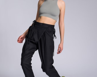 Raw Wool Tapered Pants, Overlap Front, Loose Fit Side Pockets
