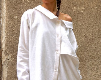 NEW COLLECTION White Linen Shirt / Extravagant Shirt / Asymmetrical shirt / Oversize Summer Top by Aakasha A11142