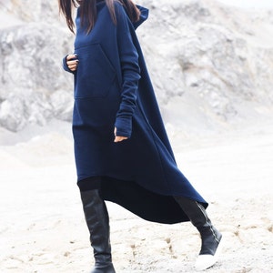 New Navy Extravagant Maxi Asymmetric Hoodie Fall Winter Fleece  Cotton Warm Top with Big Front Pocker HandMade by AAKASHA A08022