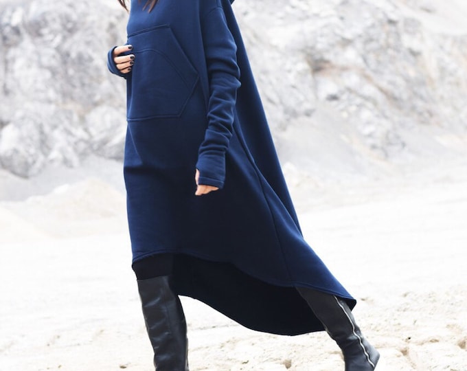 New Navy Extravagant Maxi Asymmetric Hoodie Fall Winter Fleece  Cotton Warm Top with Big Front Pocker HandMade by AAKASHA A08022
