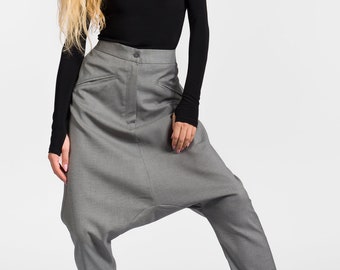 Plus Size Drop Crotch Wool Harem Pants, Side Pockets