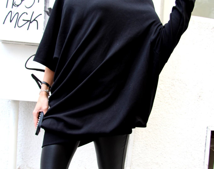 Oversized Black Asymmetryc Top / Both short and long sleeves / Casual Loose Blouse A01101