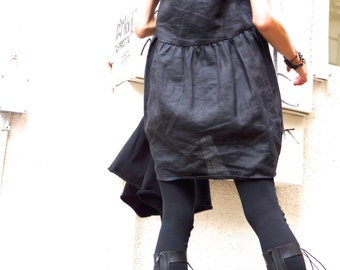 Oversize Black Linen / Cotton   Loose Set  / Asymmetrical Combo Tunic and Top / Extravagant Dresses A12128