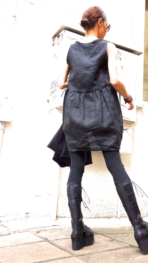 Oversize Black Linen / Cotton   Loose Set  / Asymmetrical Combo Tunic and Top / Extravagant Dresses A12128