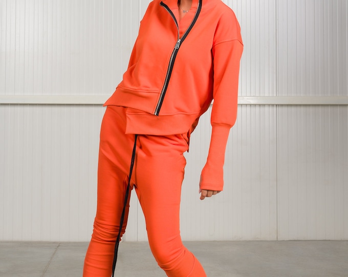 Asymmetric Zipper Sweatshirt and Slim Leg Pants SET A92209