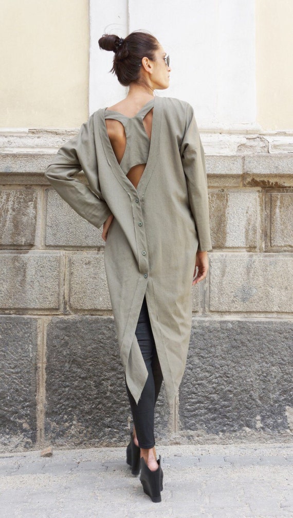 Olive Green Linen Shirt Dress, Asymmetrical Oversize Top Summer Tunic Racer Back