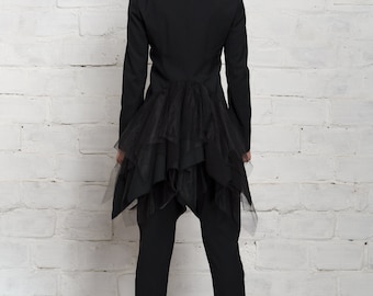 Black Blazer , Cutaway Closure Peplum Tenchckat  With  Tulle A90579