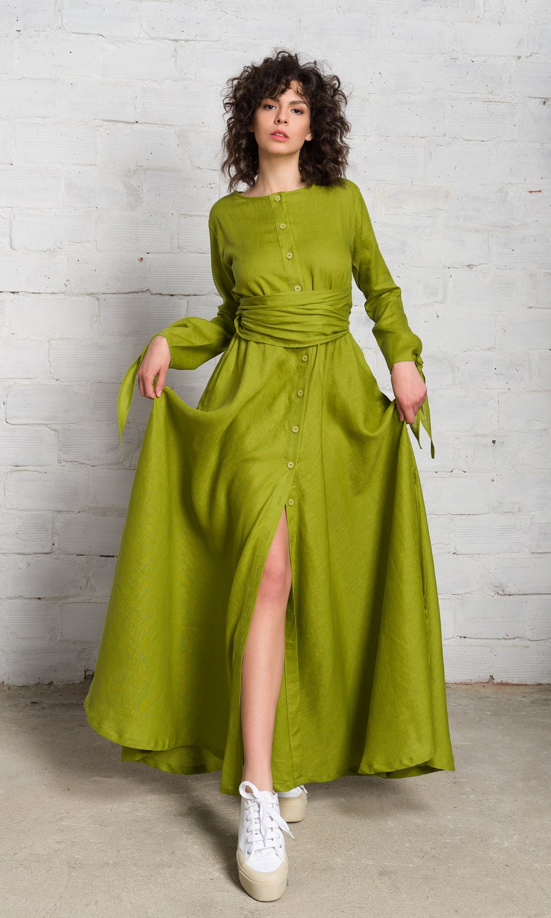 Long Linen Shirt Dress With Belt A90489 Etsy