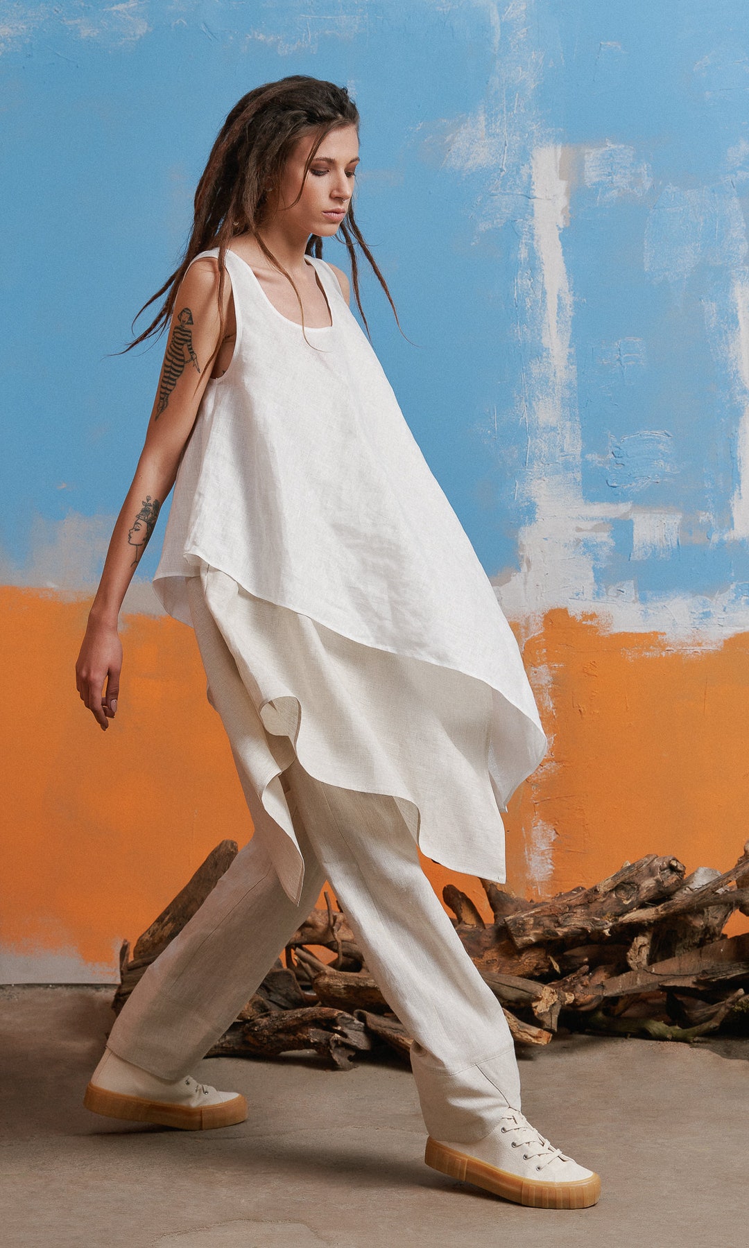 Layered Sleeveless Linen Tunic Combo , Flowing Summer Linen