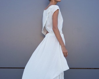 Linen Blend Maxi Skirt - Draped Summer Bohemian Style Short Front Long Back