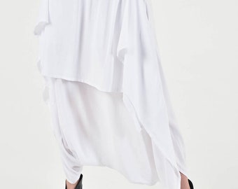 New White Elegant Drop Crotch Skirt Pants / Stylish Flowing Loose maxi Pants A09791