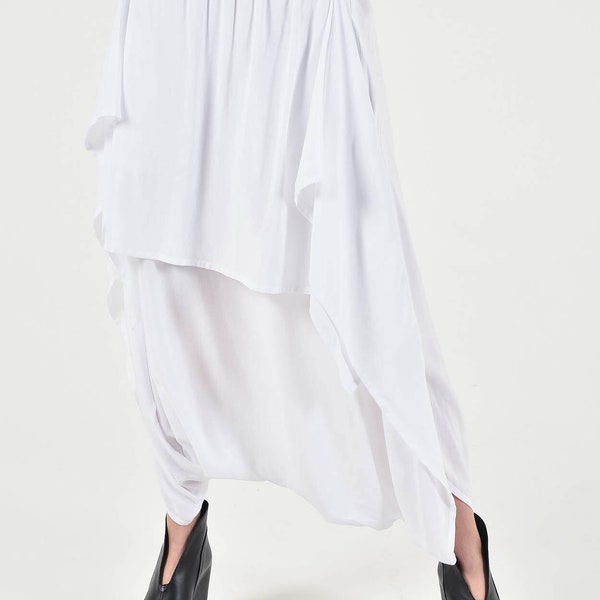 Nouveau pantalon élégant blanc avec jupe à entrejambe bas/grand pantalon fluide élégant blanc A09791