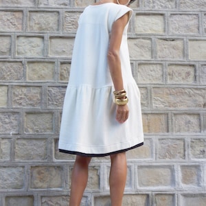 New  Autumn Sexy Off White Dress / Thick Cotton Dress /Side Pockets / Short Sleeves Dress / Extravagant Party Dress A03486