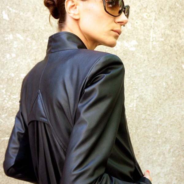 Vegan Leather Jacket: Short Black Extravagant Zipper Jacket