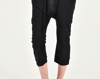 Linen Blend Harem Pants, Midi Drop Crotch, Handmade Cropped Joggers