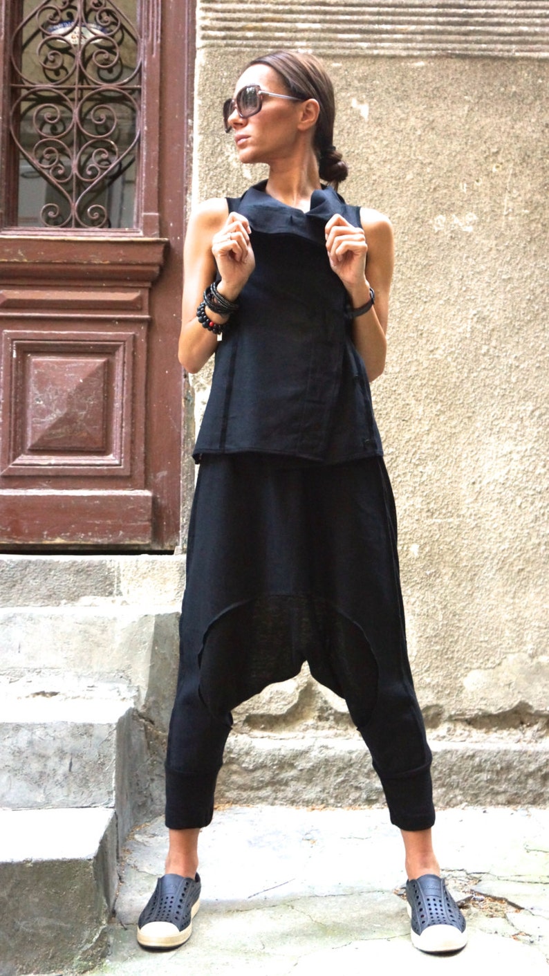 NEW Loose Casual Black Drop Crotch Linen Knit Harem Pants / Extravagant Black Pants by AAKASHA A05167 image 3