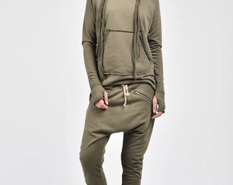 Harem Cotton Pants Loose Casual Military Green Drop Crotch Joggers Extravagant Side Zipper Pockets
