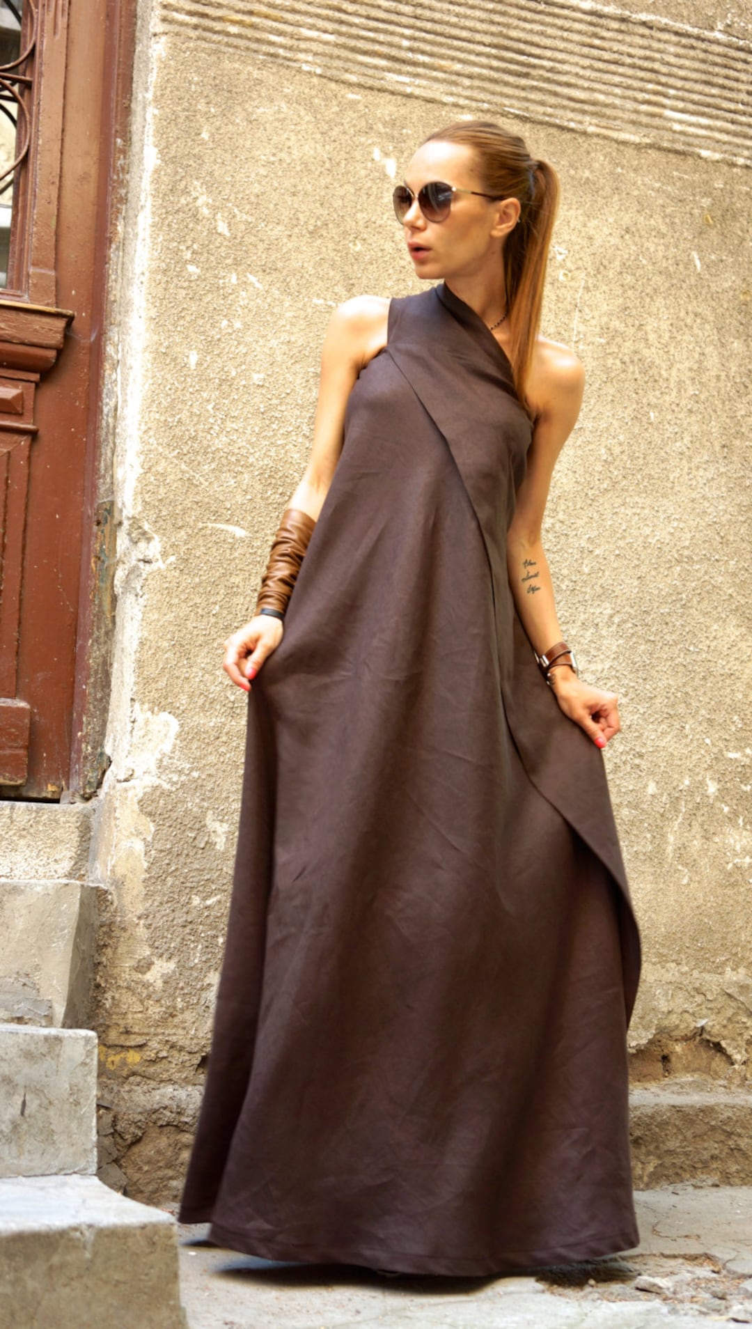 New Maxi Brown Dress / Kaftan Linen Dress / One Shoulder Dress - Etsy