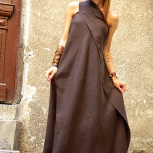 New Maxi Brown Dress / Kaftan Linen Dress / One Shoulder Dress / Extravagant Long  Dress / Party Dress  by AAKASHA A03144