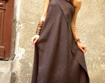 New Maxi Brown Dress / Kaftan Linen Dress / One Shoulder Dress / Extravagant Long  Dress / Party Dress  by AAKASHA A03144