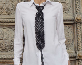 Black Extravagant Leather Extra Long Macrame Tie  Necklace  HandMade by AAKASHA A16445