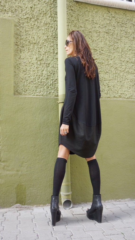 Oversized Black Loose Casual Top, Linen Cotton Top, Extravagant Tunic with Long Sleeves, Black Dress by Aakasha A02546