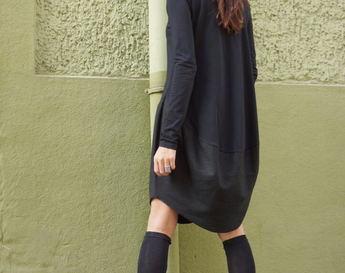 Loose Asymmetrical Dress, Oversized Black Casual Top, Linen Cotton Top, Extravagant Tunic with Long Sleeves, Black Dress by Aakasha A02546