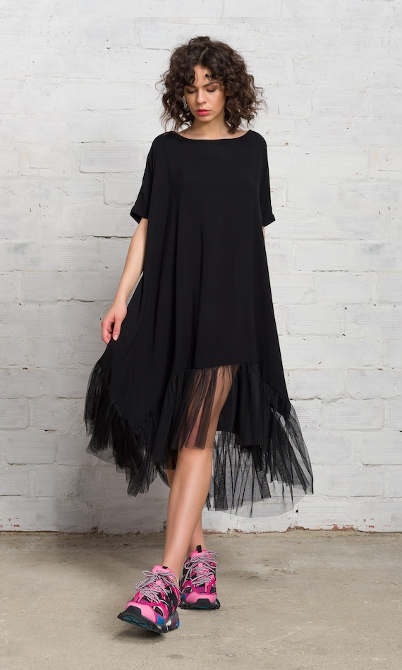 Oversized Tulle Hem Dress, XS / Black / Woven Viscose - 100% Viscose