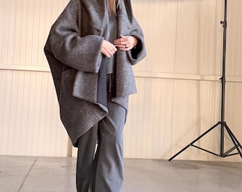 Wool Warm  Coat / Winter Lined Hooded  Jacket with Pockets  Relaxed  Oversized Fit