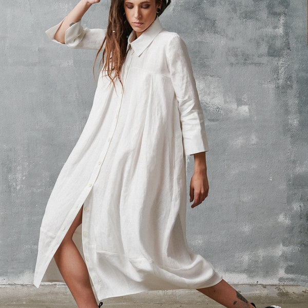 Linen Midi Shirt Dress - Oversized Summer Tunic for Women OEKO-TEX Certified