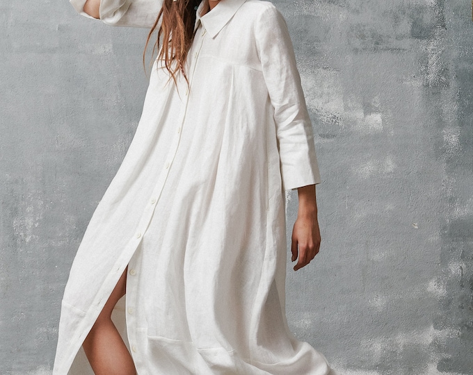 Linen Midi Shirt  ,OEKO-TEX Certified Linen Shirt Dress , Linen Shirt with pockets, Summer Linen Oversized Tunic A92008