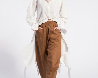 Summer Linen Cropped Pants, Curved Leg, Elastic Waist Side Pockets A92115