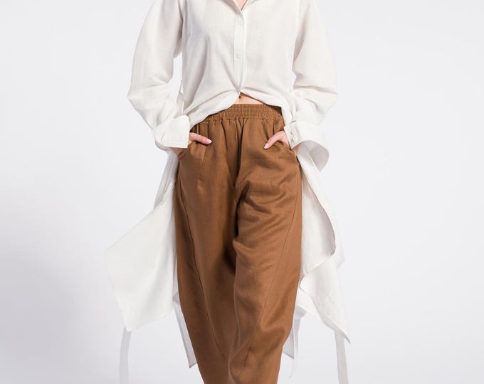 Summer Linen Cropped pants , Curved Leg Linen Pants A92115