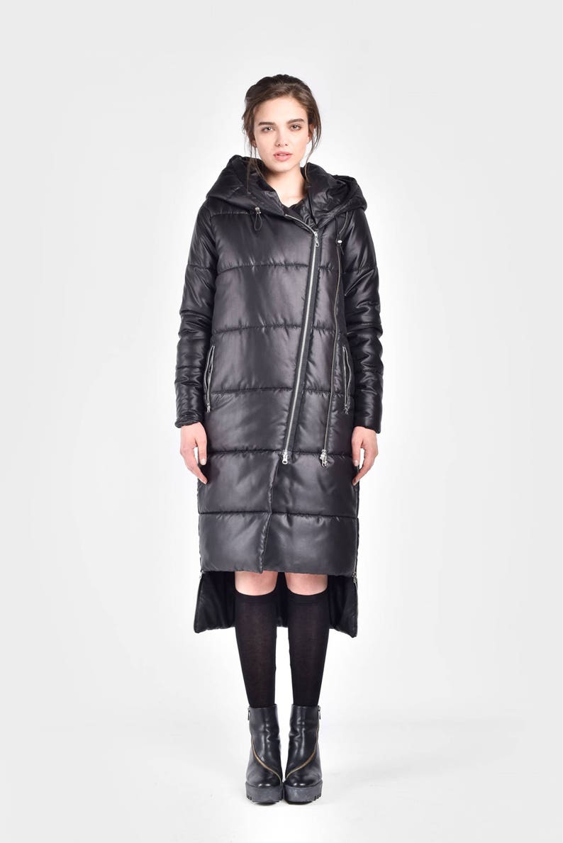 NEW Winter Coat Asymmetric Black Quilted Hooded Coat by Aakasha A20629 image 2