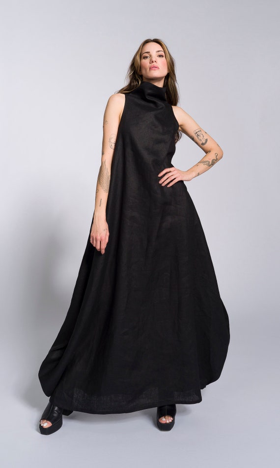 Linen Maxi Dress, Sleeveless High Neck Cocoon Dress, Plus Size Side Pockets