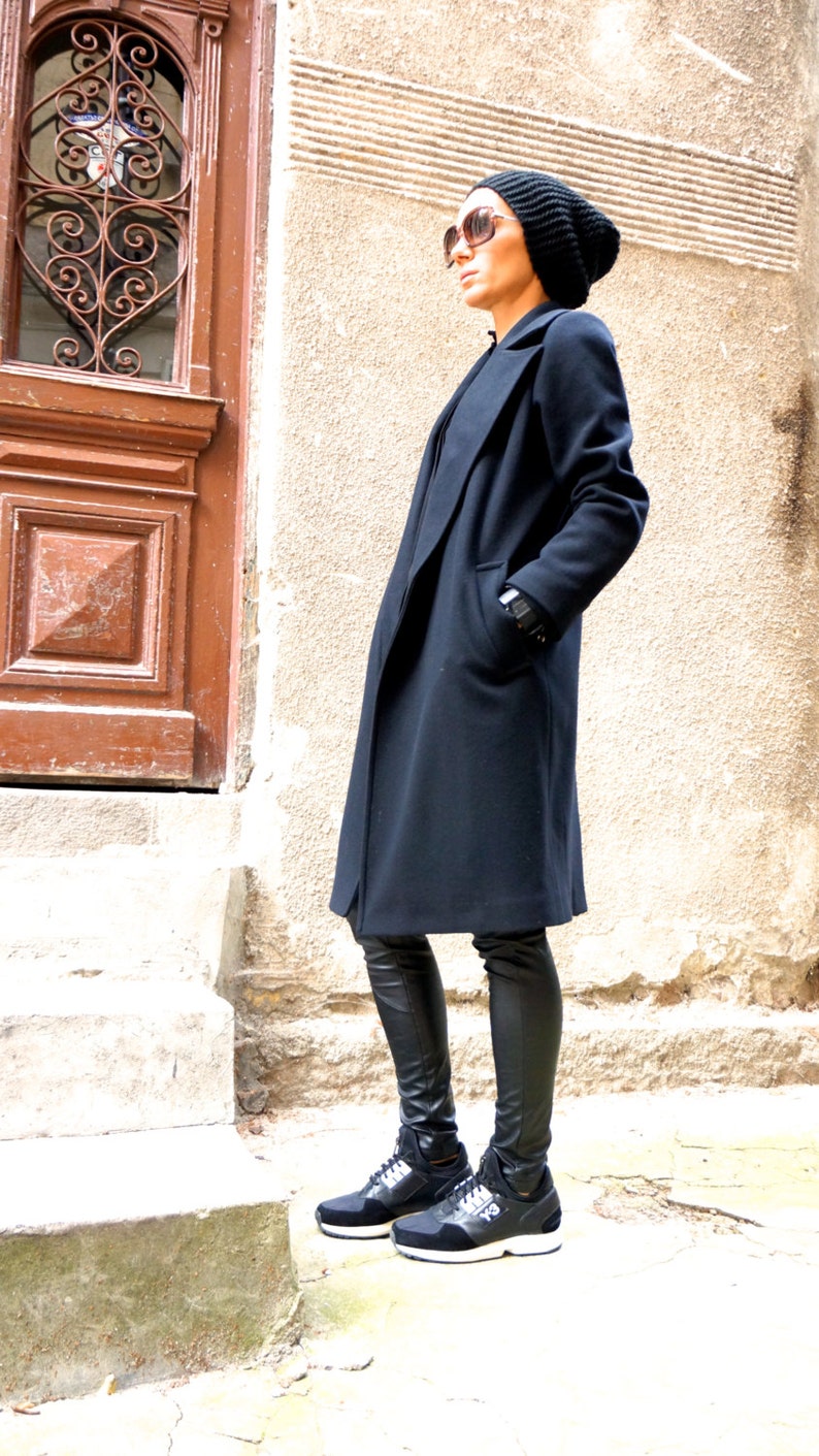 Wool Blend Black Coat, Belted Winter Jacket Lined image 4