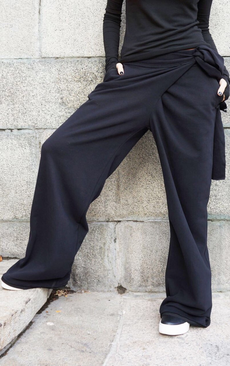 Loose Cotton Black Pants / Wide Leg Pants Autumn Extravagant Collection HandMade by Aakasha A05557 zdjęcie 3