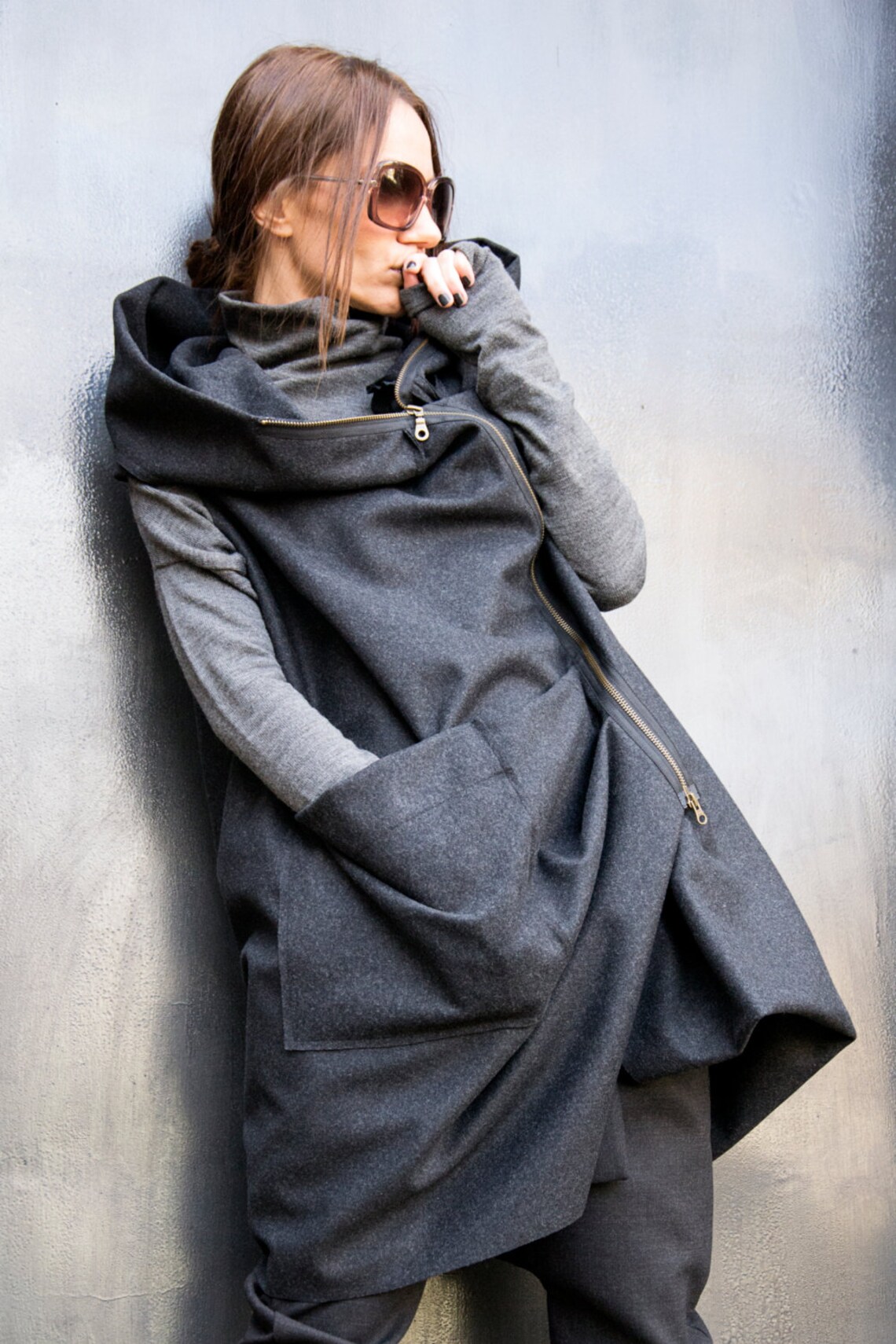 Black Winter Hooded Coat - Trendy Asymmetrical Extravagant Winter Wool Coat main image 1