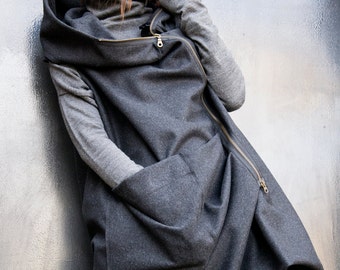 NEW Asymmetric Extravagant Black Hooded Sleeveless Coat / Spring Jacket / Double side opening zipper A07119