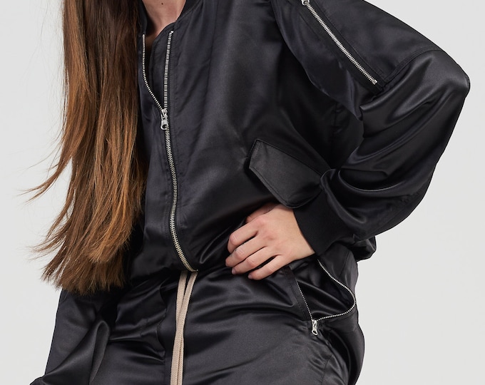 Black Satin Bomber Jacket A10942