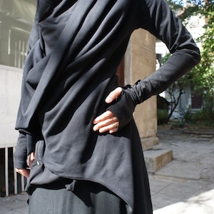 Spring Black Coat / Cotton  Coat / Extravagant  Asymmetrical   Blazer / Extra long  sleeves A07098
