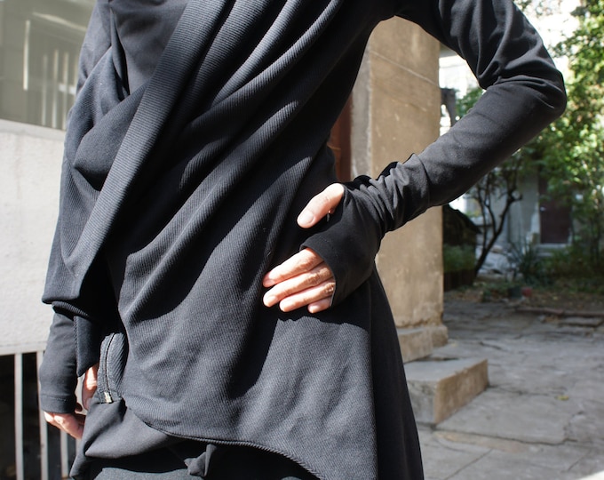 Spring Black Coat / Cotton  Coat / Extravagant  Asymmetrical   Blazer / Extra long  sleeves A07098