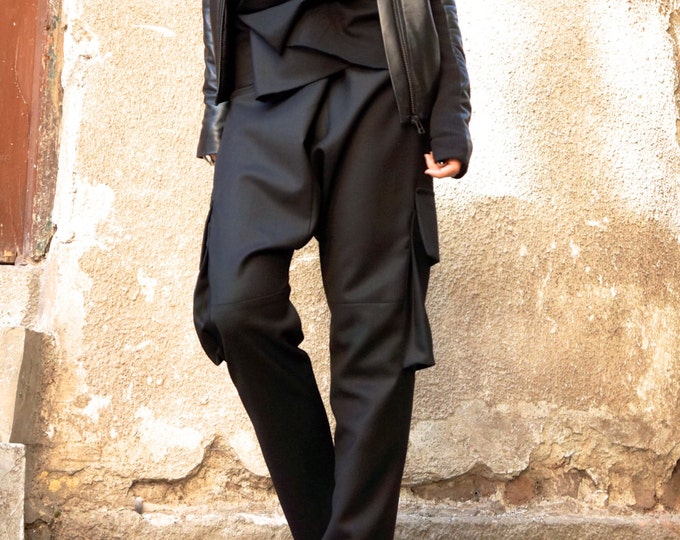 NEW Black  Drop Crotch Pants / Extravagant Black Trousers with large pockets by AAKASHA A05262