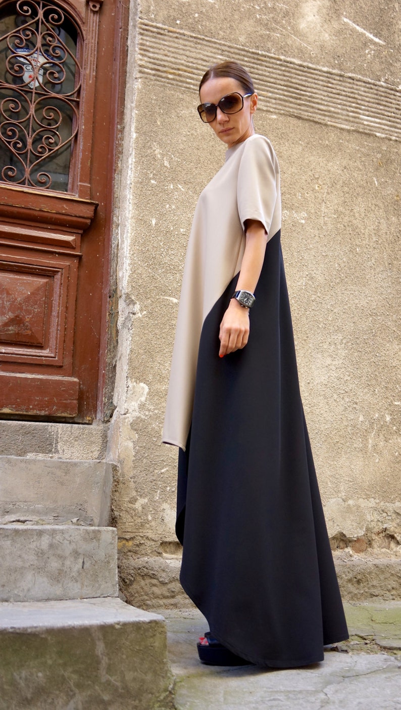 New Collection Maxi Dress /Beige and Black Asymmetrical Kaftan/Extravagant Long short Dress /Party Dress /Daywear Dress by AAKASHA A03221 image 5
