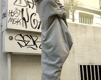 Grey Extravarant Maxi Asymmetric Hoodie / Quilted Cotton Warm  Top A08023