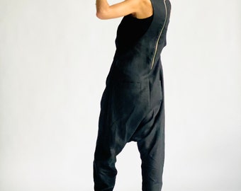 NEW Collection Black Linen Maxi Jumpsuit / Extravagant Jumpsuit /Long Sleeveless Zippers Back with side pockets by AAKASHA A19966