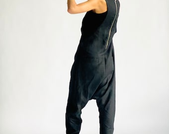 Black Linen Maxi Jumpsuit, Sleeveless Plus Size Romper Side Pocket Back Zipper
