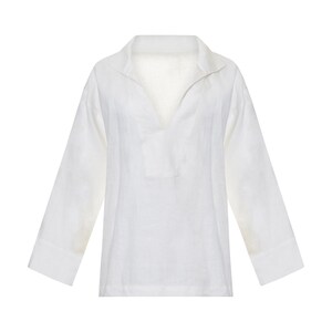 May include: A white linen shirt with a long sleeve and a v-neck collar.