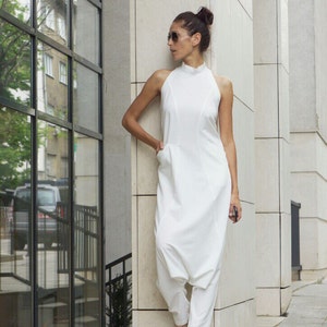 Off White Jumpsuit, Sleeveless Loose Drop Crotch Polyviscose Romper